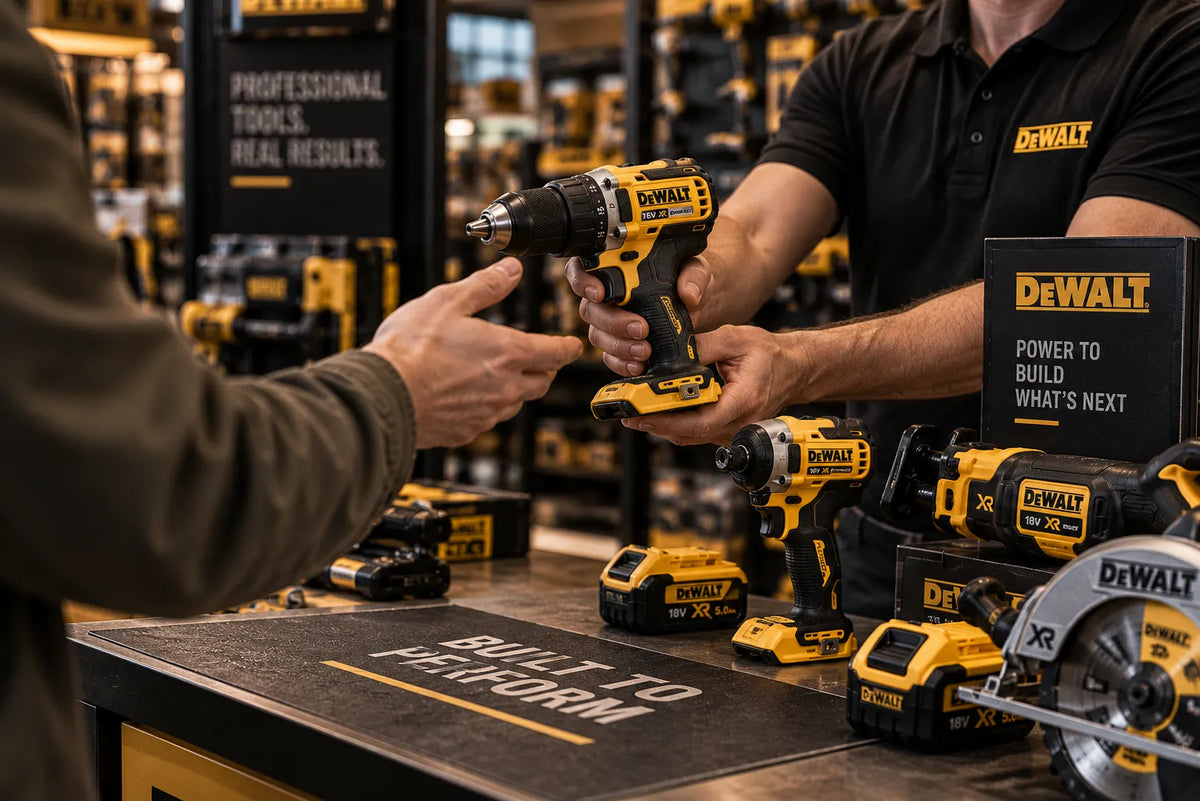 Fachberatung zu DeWalt Werkzeug bei Binford Werkzeuge: Akkuschrauber wird über die Theke gereicht